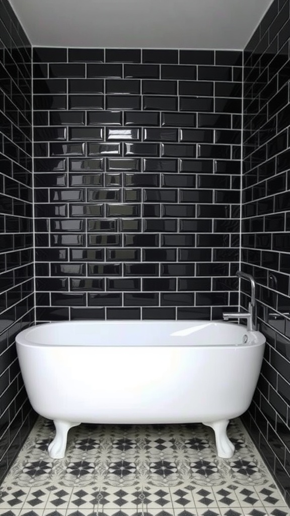 A modern bathroom featuring black subway tiles, a white freestanding bathtub, and an ornate floor pattern.