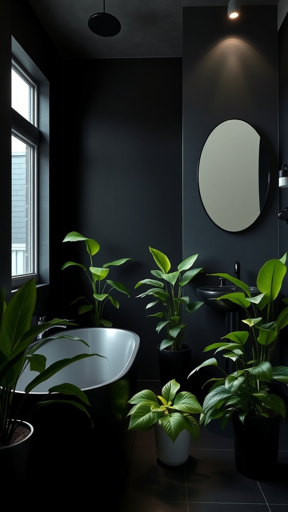 A modern black bathroom featuring various plants, a bathtub, and a mirror.