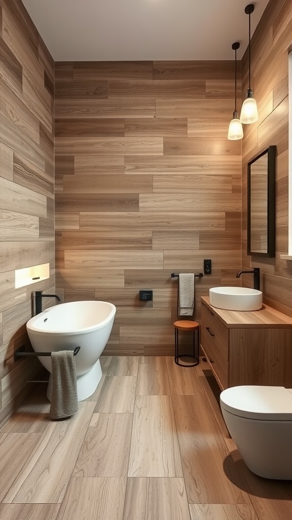 A modern bathroom featuring reclaimed wood-look porcelain tiles on the walls and floor, complemented by a sleek bathtub and wooden cabinetry.