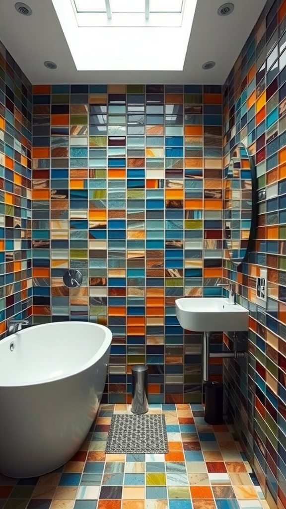 A brightly colored bathroom with recycled glass tiles in various shades of blue, orange, and green.