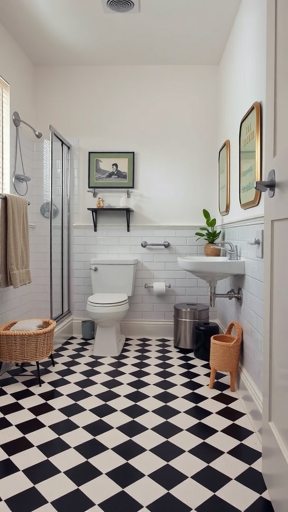 A vintage bathroom featuring a black and white checkerboard tile floor with white subway tiles on the walls and rustic decor elements.
