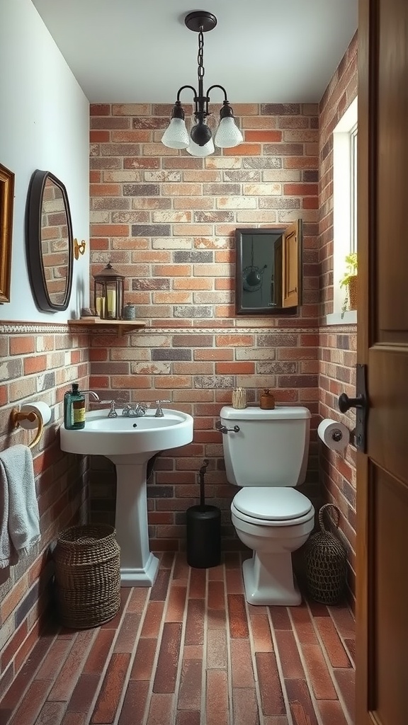 A rustic bathroom with brick-look tiles on the walls and floor, featuring a white sink and toilet, vintage lighting, and woven baskets.