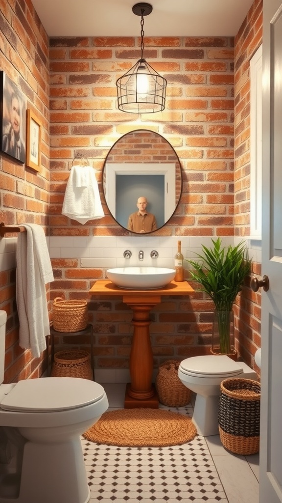 A rustic bathroom featuring a brick accent wall, round mirror, and wooden sink.