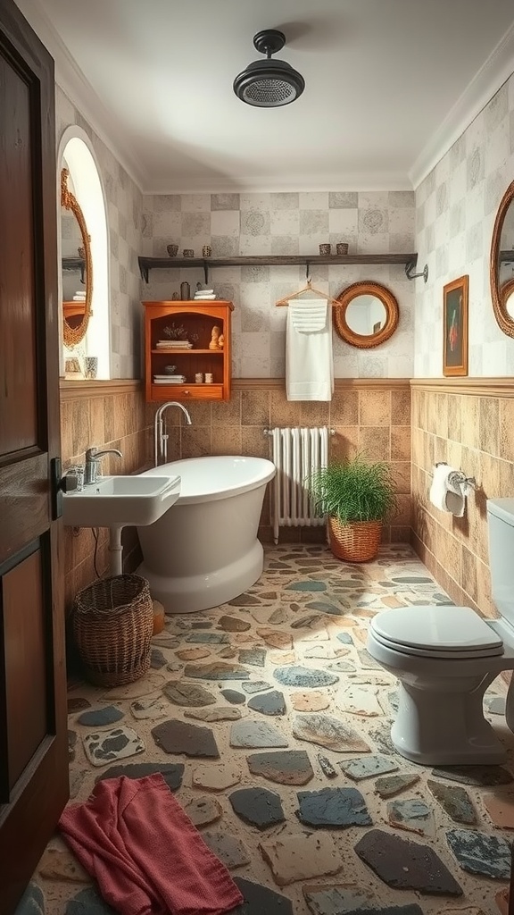 A rustic bathroom featuring stone tiles on the floor, a freestanding tub, and wooden accents.