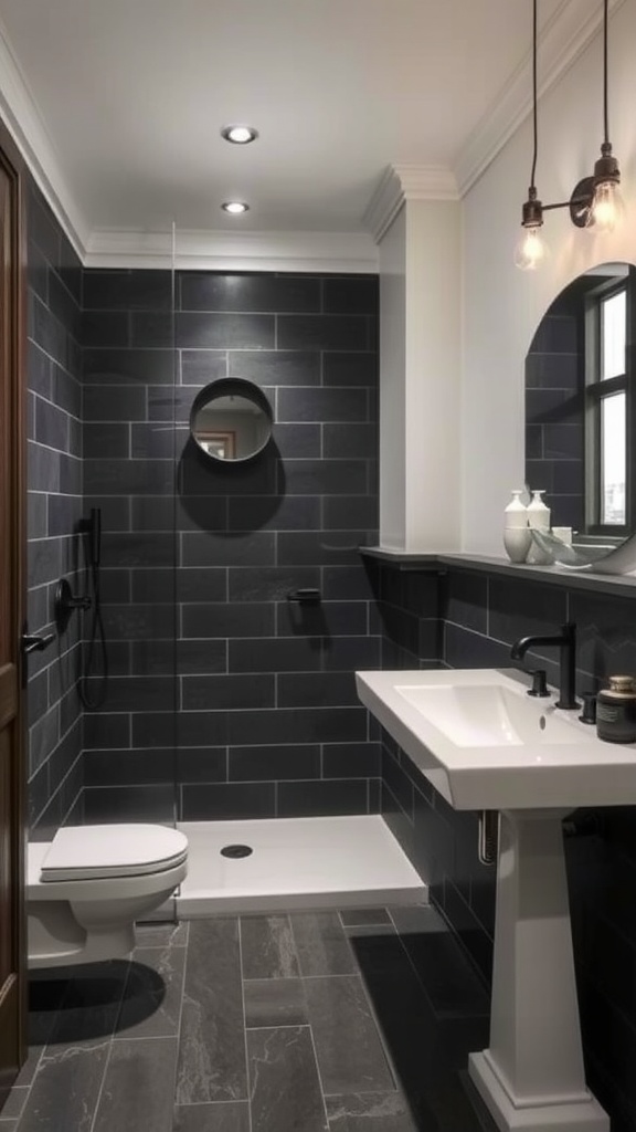 A modern bathroom featuring dark slate tiles on the walls and floor, white sink, round mirror, and stylish lighting.
