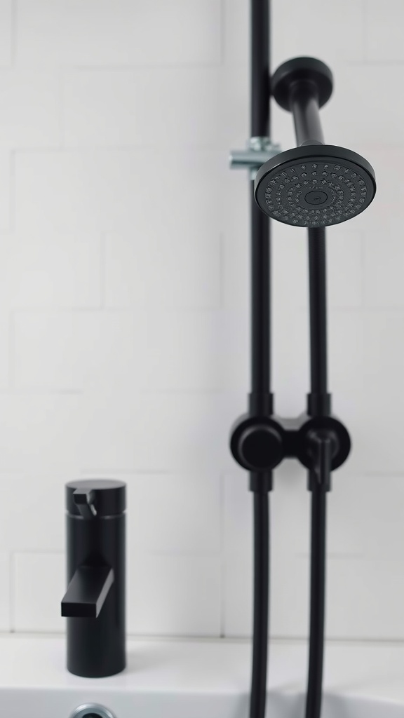 A modern black showerhead and faucet in a stylish bathroom