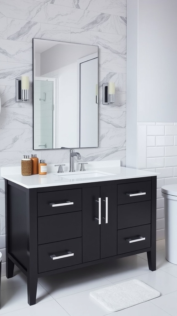 A sleek black bathroom vanity with silver hardware, a clean countertop, and a large mirror.