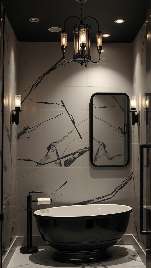 A modern black and silver bathroom featuring a stylish chandelier and wall sconces.