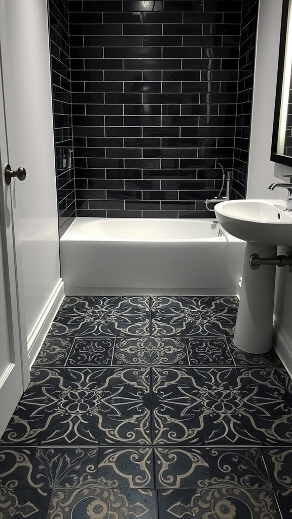 A sophisticated black aesthetic bathroom with black tiled walls and patterned floor tiles.