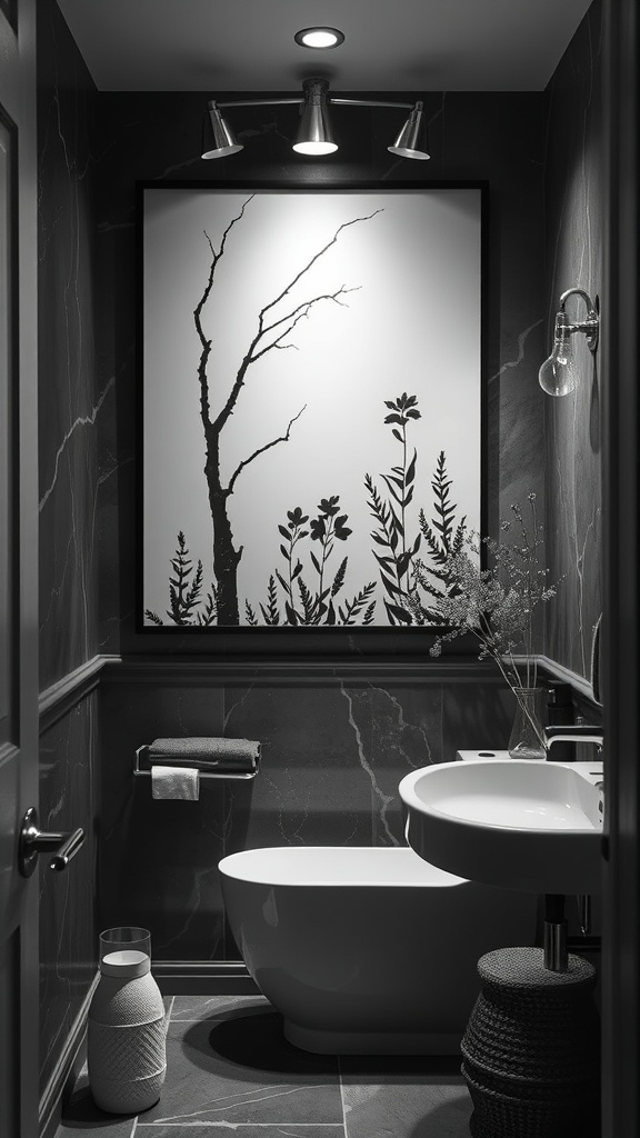 A black aesthetic bathroom showcasing a large silhouette art piece of trees and plants.
