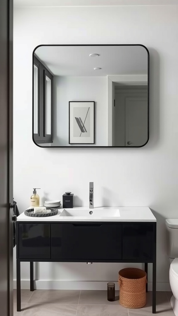 A modern black mirror above a sleek black vanity in a stylish bathroom.