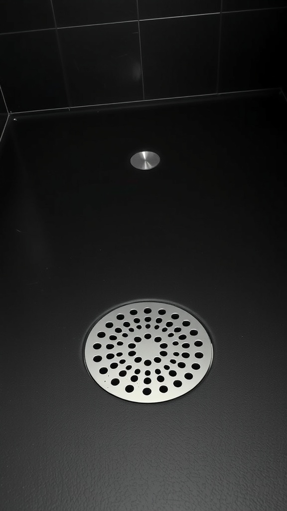 A black shower base with a silver drain grate in a bathroom setting.