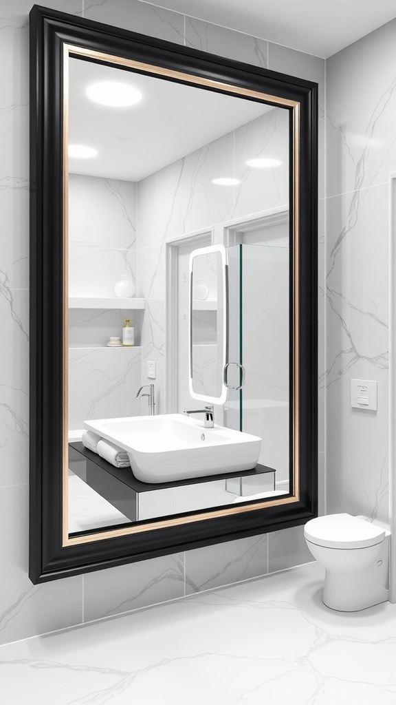 A stylish silver mirror framed in black hanging in a modern bathroom with a minimalist design.