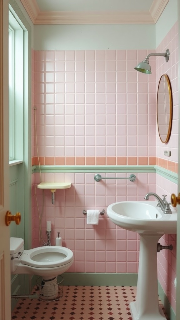 A vintage bathroom with pastel pink tiles and mint green accents, featuring a round mirror and a pedestal sink.
