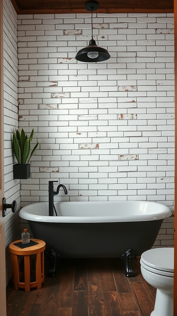 A rustic bathroom featuring distressed white subway tiles, a black clawfoot tub, and wooden elements.