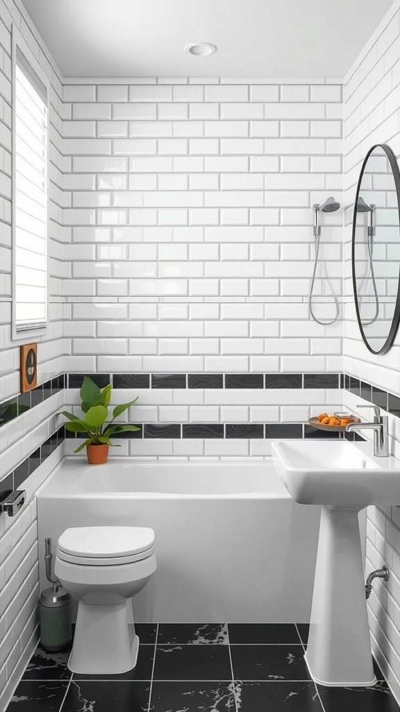 A modern bathroom featuring white tiles, black grout, a plant, and a clean design.