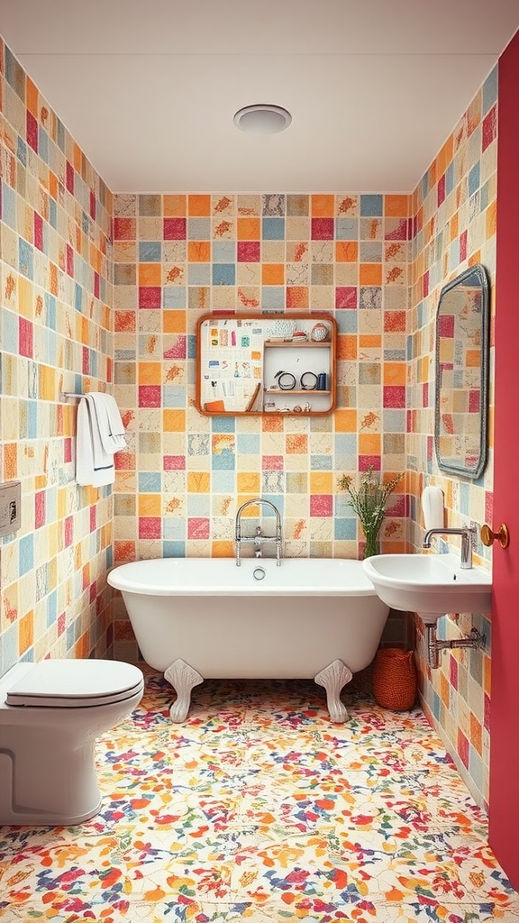 A colorful vintage bathroom with patterned terrazzo tiles on the walls and floor, featuring a freestanding tub and modern fixtures.