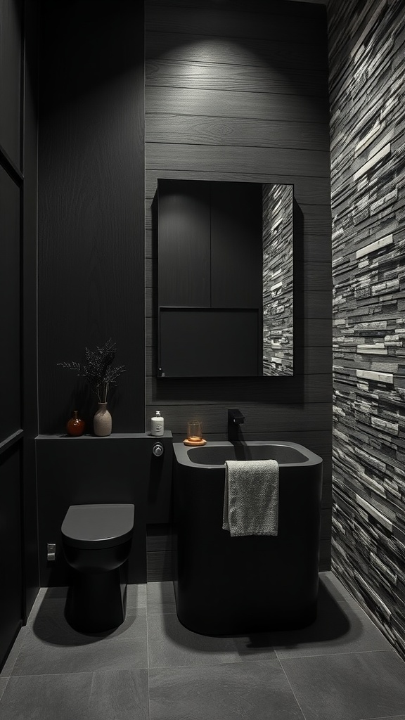 Black modern bathroom with textured wall treatments featuring stone tiles and wooden panels