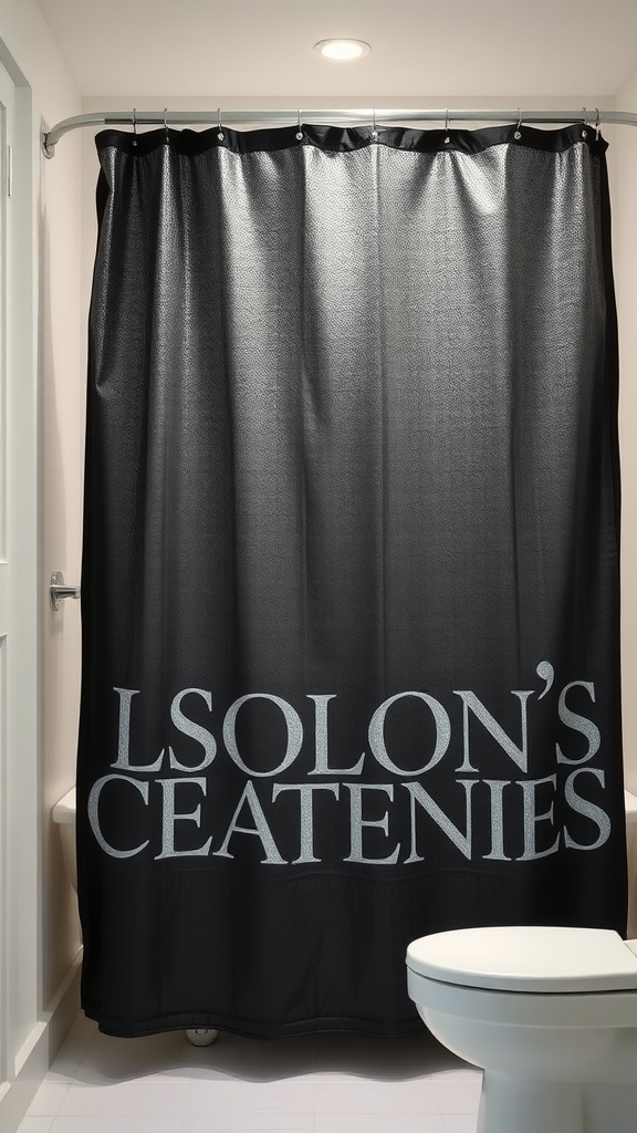 A black shower curtain with silver lettering in a modern bathroom setting.