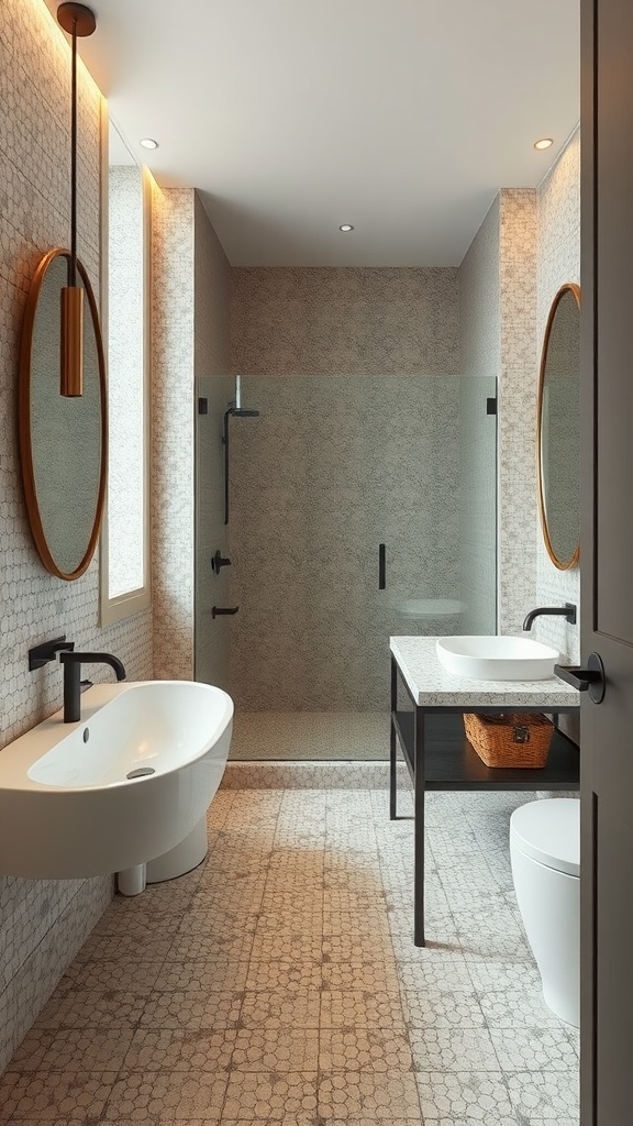 A stylish bathroom featuring textured terrazzo tiles on the floor and walls, complemented by a modern bathtub and vanity.