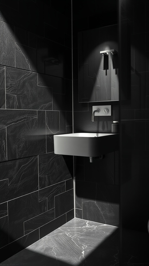 A modern black aesthetic bathroom showcasing textured matte black tiles and a minimalist sink.