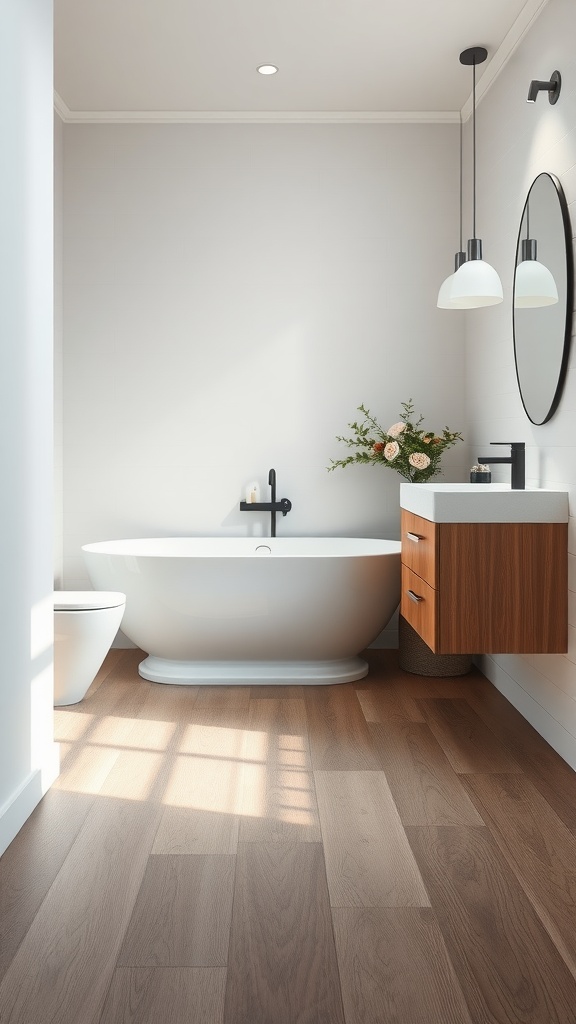 A modern bathroom featuring timber-look vinyl planks, a white freestanding bathtub, and stylish fixtures.