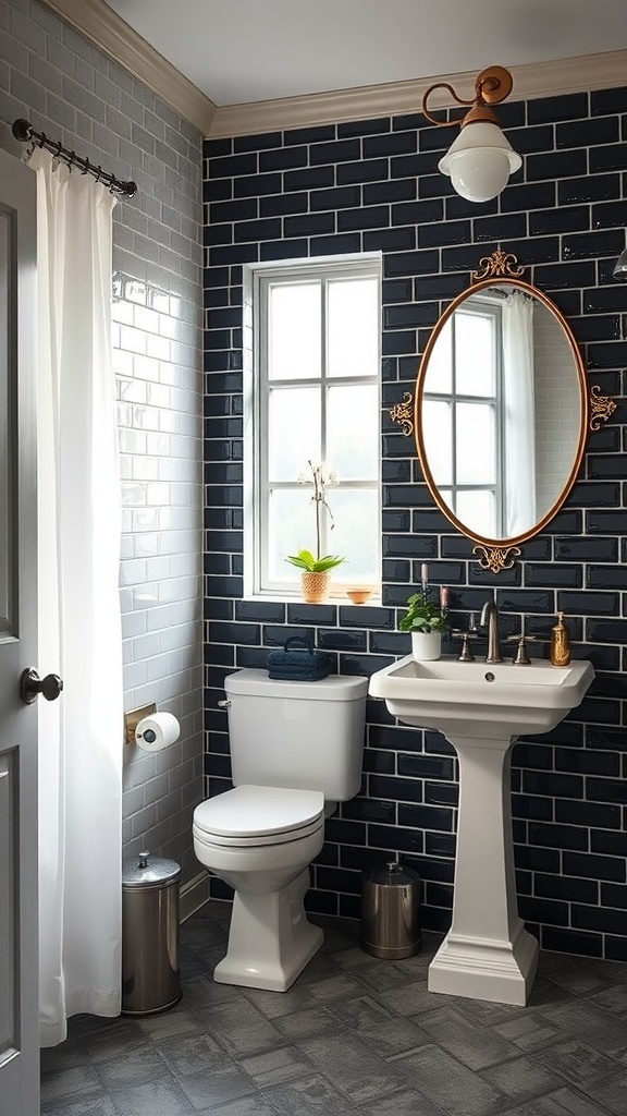A vintage bathroom featuring black subway tiles on one wall, contrasting with light gray tiles on the opposite wall. A pedestal sink, toilet, and decorative mirror complete the look.