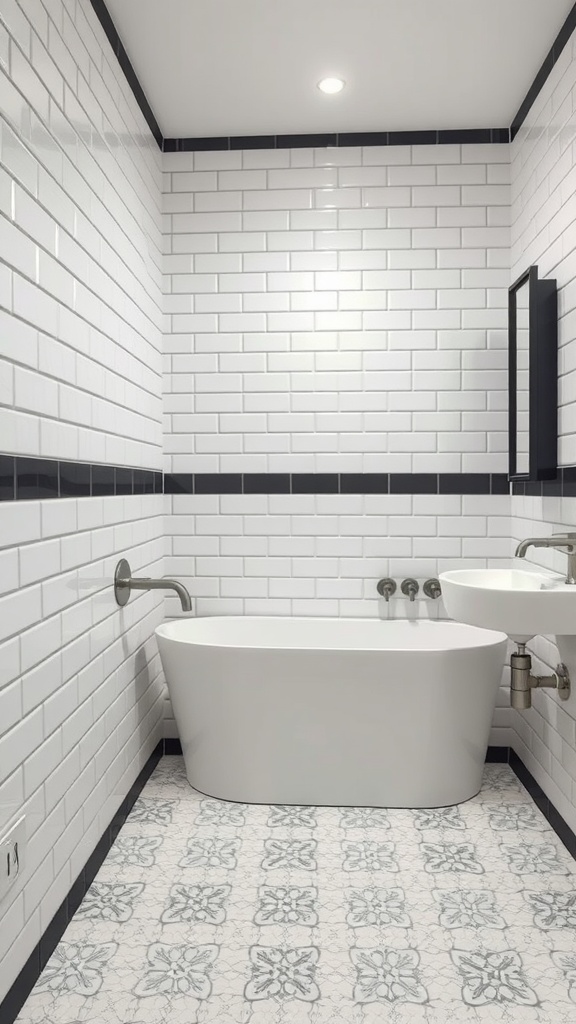 A modern bathroom featuring white subway tiles with black grout, a freestanding bathtub, and patterned floor tiles.