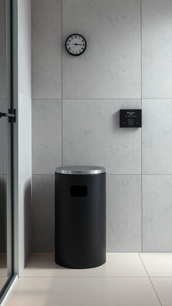 A black and silver waste bin in a modern bathroom setting.