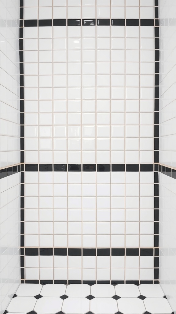 Bathroom with white tiles and black grout in a grid pattern