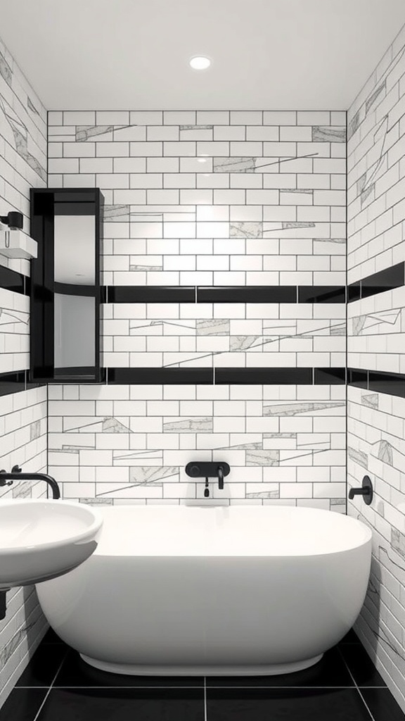 A modern bathroom featuring white tiles with black grout, showcasing an elegant design with an accent wall.