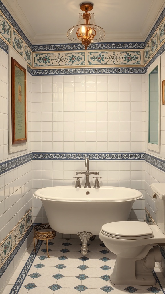 A vintage bathroom featuring Victorian inspired tile borders, a freestanding bathtub, and elegant decor.