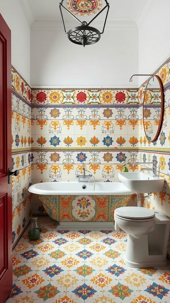 A rustic bathroom featuring colorful vintage-style cement tiles with floral and geometric patterns.