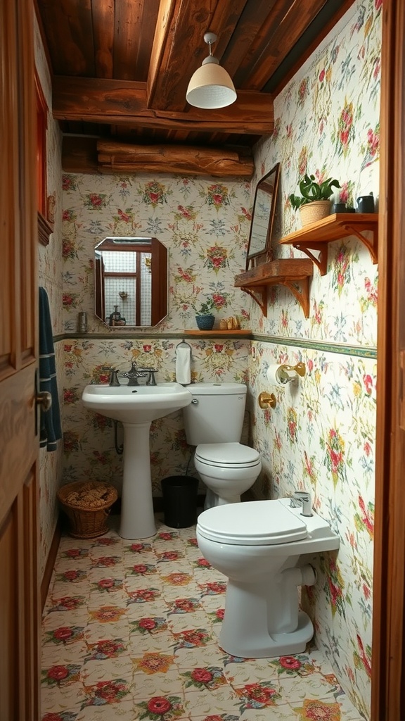 A vintage-style bathroom featuring floral wallpaper and tile, with wooden beams and a cozy atmosphere.