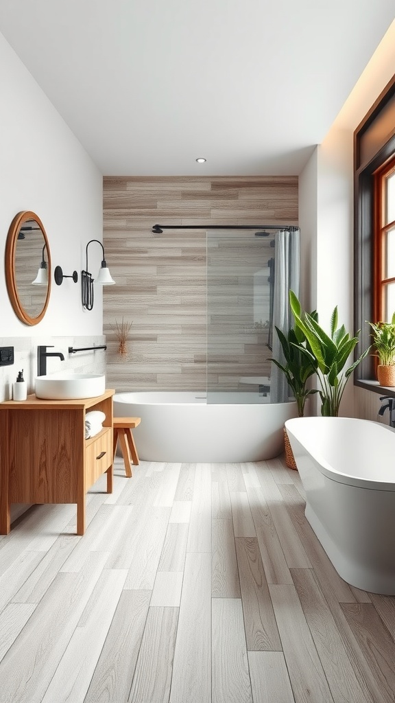 A modern bathroom featuring wooden plank porcelain tiles on the floor and walls, with a wooden vanity, round mirror, and plants.