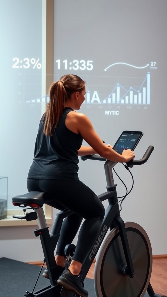 A person cycling on an exercise bike with a digital display showing fitness statistics.
