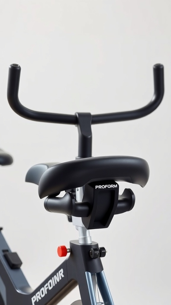 Close-up of the ProForm exercise bike's adjustable seat and handlebars.
