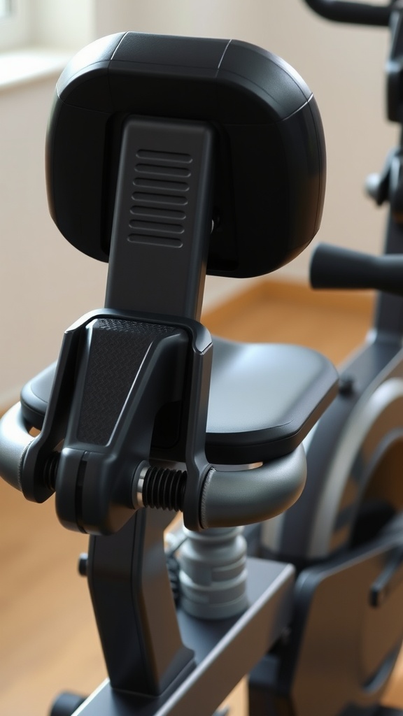 Close-up of the adjustable seat and backrest of a recumbent exercise bike.