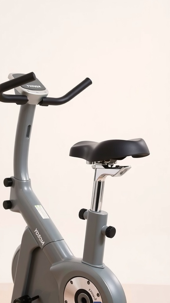Close-up of a Yosuda exercise bike showing adjustable seat and handlebars