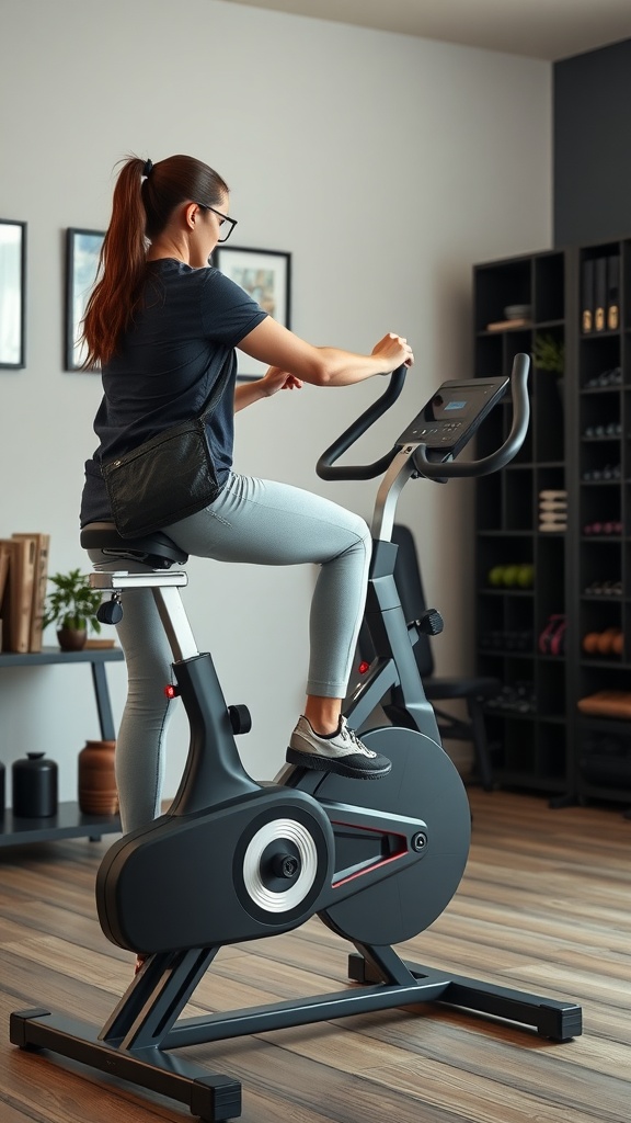 A person adjusting the seat height on a Pooboo exercise bike in a home gym setting.