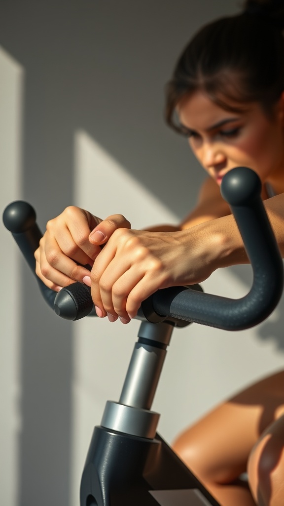 A close-up of a person adjusting the resistance on an exercise bike in a bright setting.