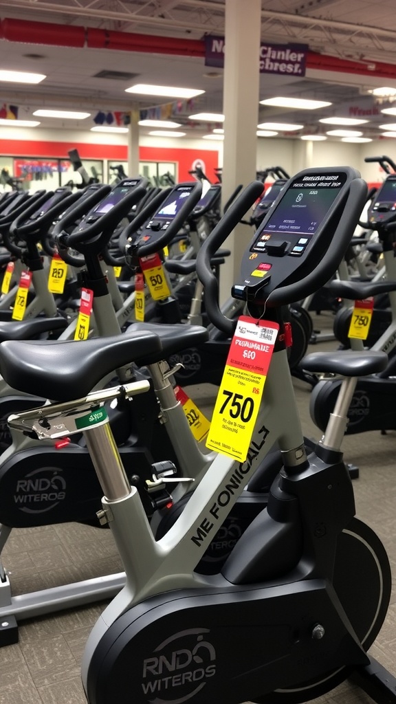 A row of exercise bikes for sale in a store