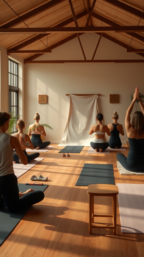 A group of people practicing hot yoga in a sunlit studio.