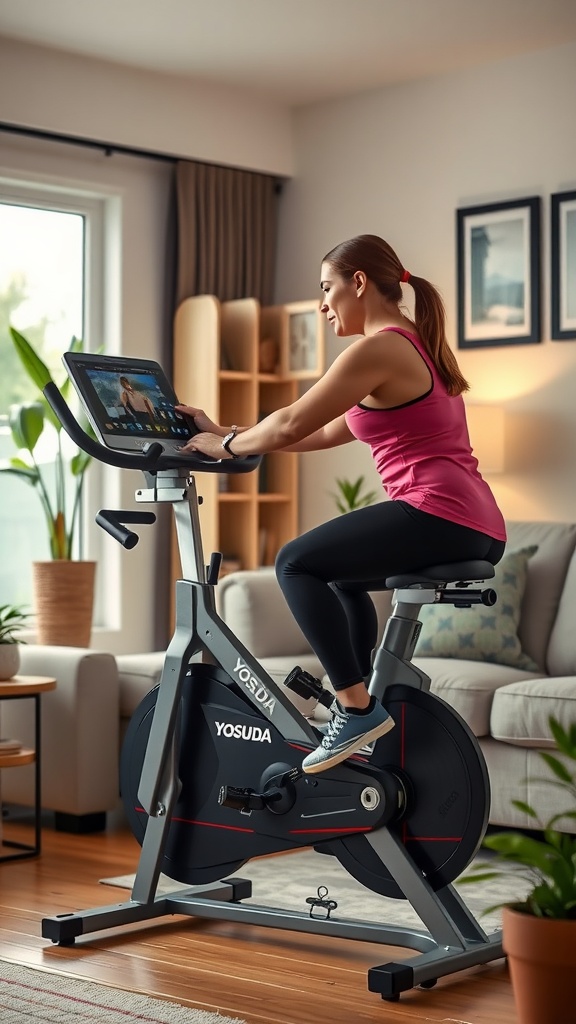 A person exercising on a Yosuda exercise bike at home.