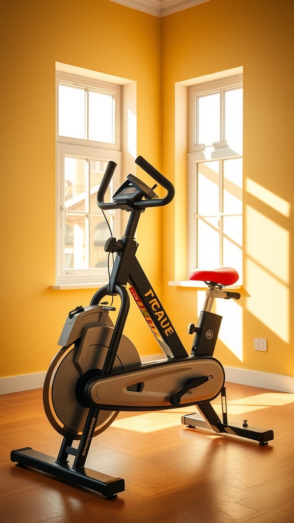 A sunny exercise bike set in a bright room with yellow walls and large windows.