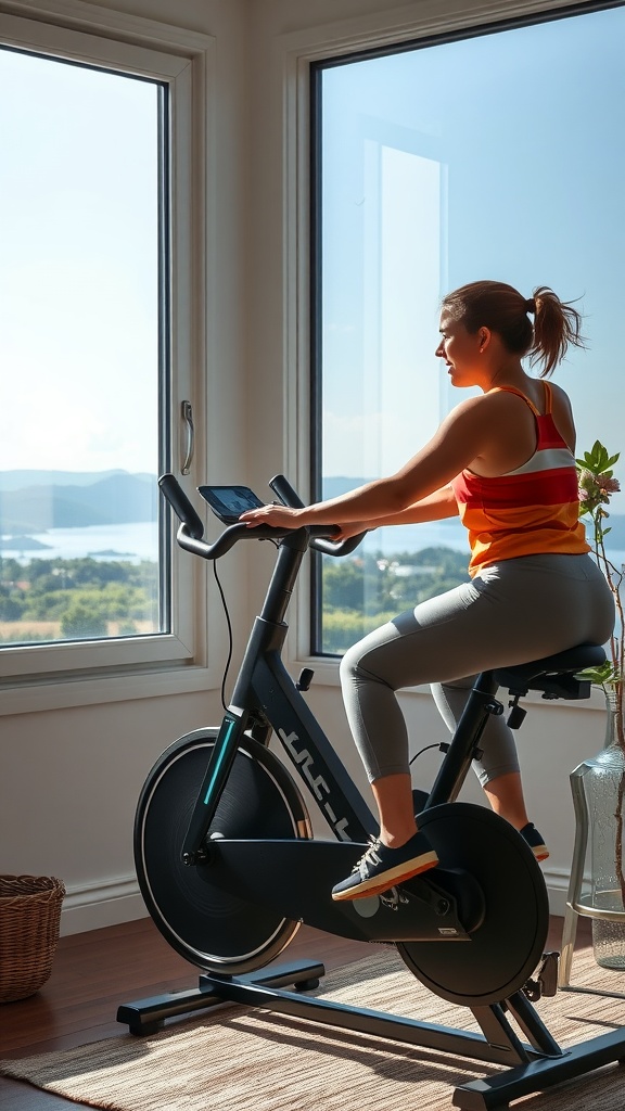 A person using an exercise bike at home with a scenic view outside.