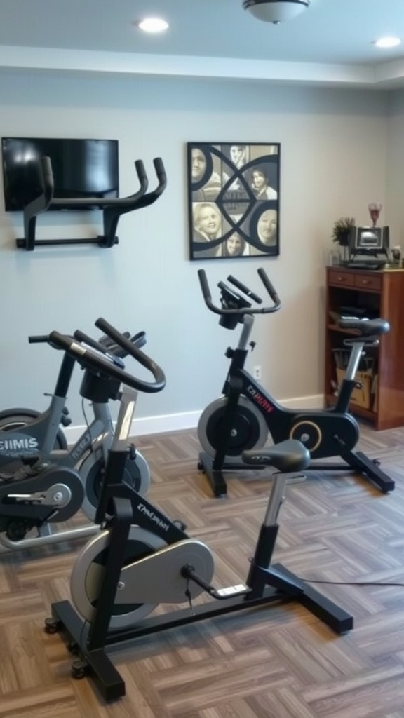A room with multiple recumbent exercise bikes and a TV on the wall.