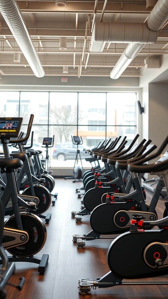 A row of exercise bikes in a well-lit gym, showcasing various models ready for use.