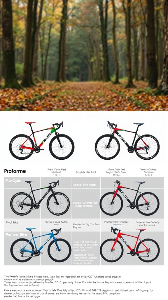 Various models of ProForm exercise bikes displayed with specifications.