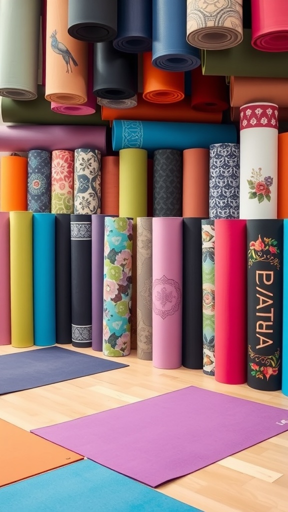 A variety of yoga mats in different colors and designs displayed vertically.